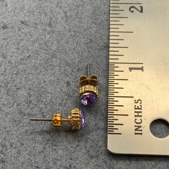 Purple Rhinestone Gold Earrings Pierced Fluted Round - Picture 3 of 3